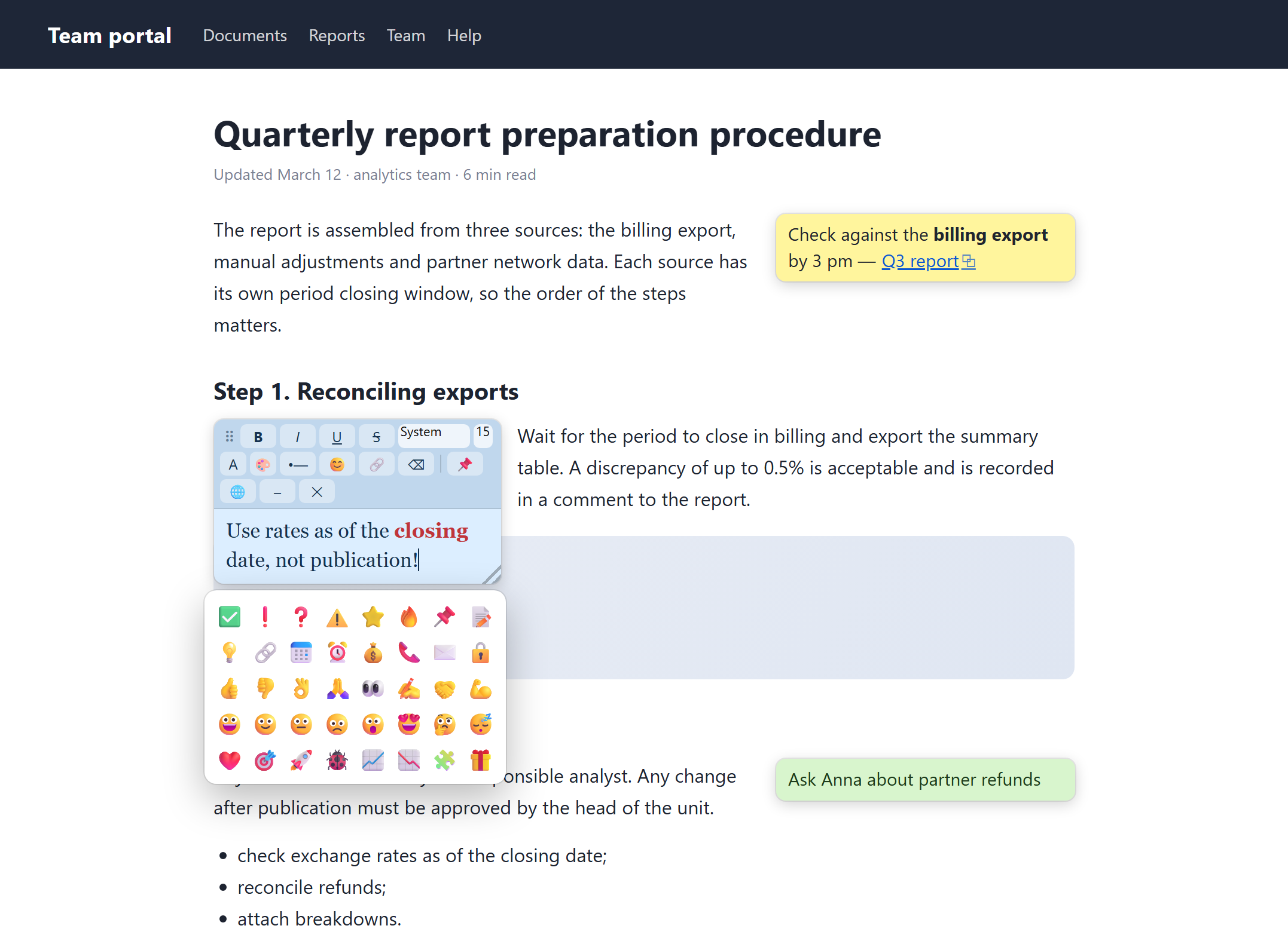 A note woven into the text in edit mode: a toolbar with formatting buttons and emoji is open above it