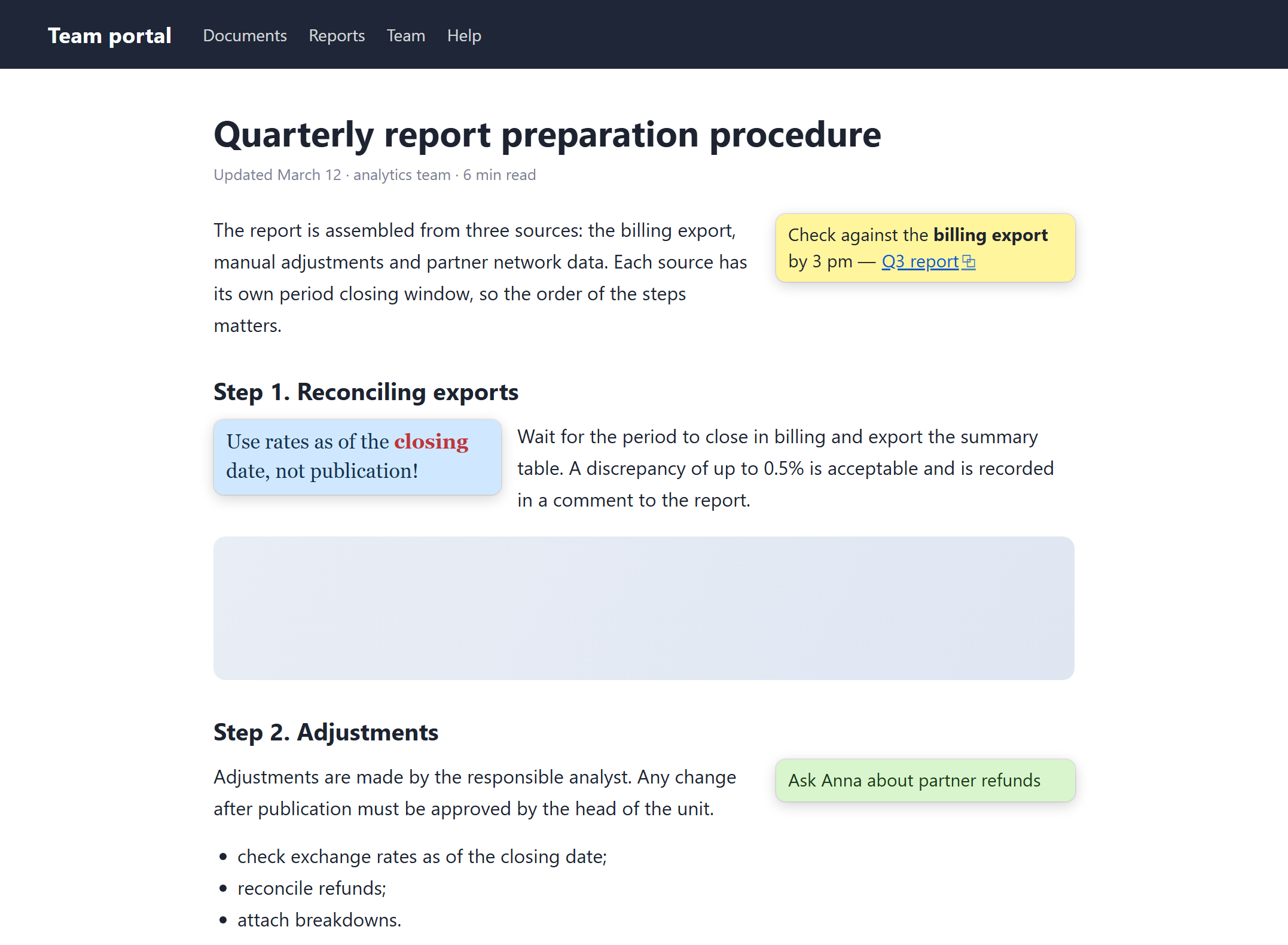 A web page with three colored notes inside the text: paragraphs flow around them on the left and right