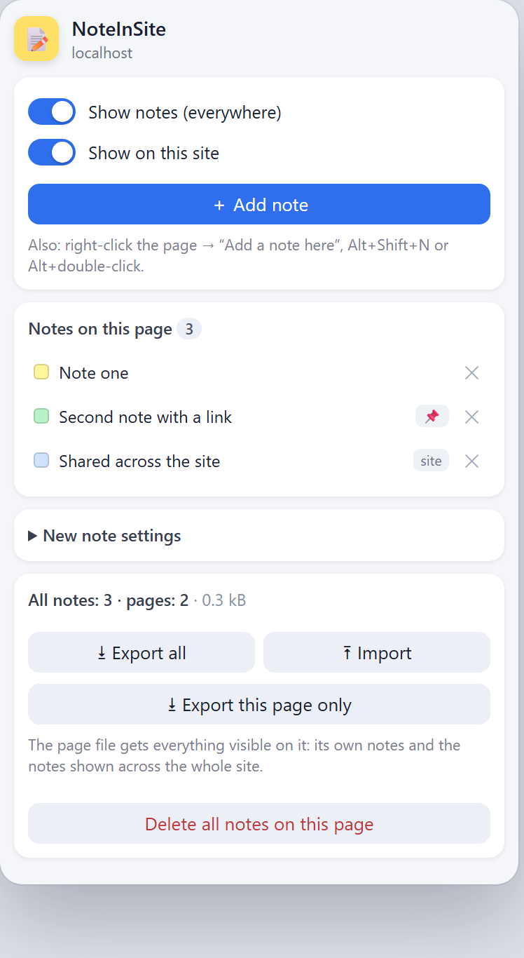 The extension window: visibility switches, the list of notes on the page, export of all notes or just this page, import